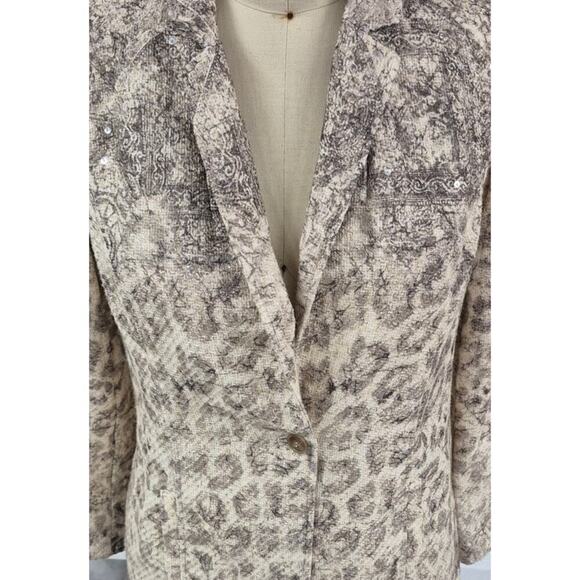 Chicos 1 long Blazer Beige Sequined Gold Metallic Animal Print Jacket Sz S/M - Picture 2 of 5
